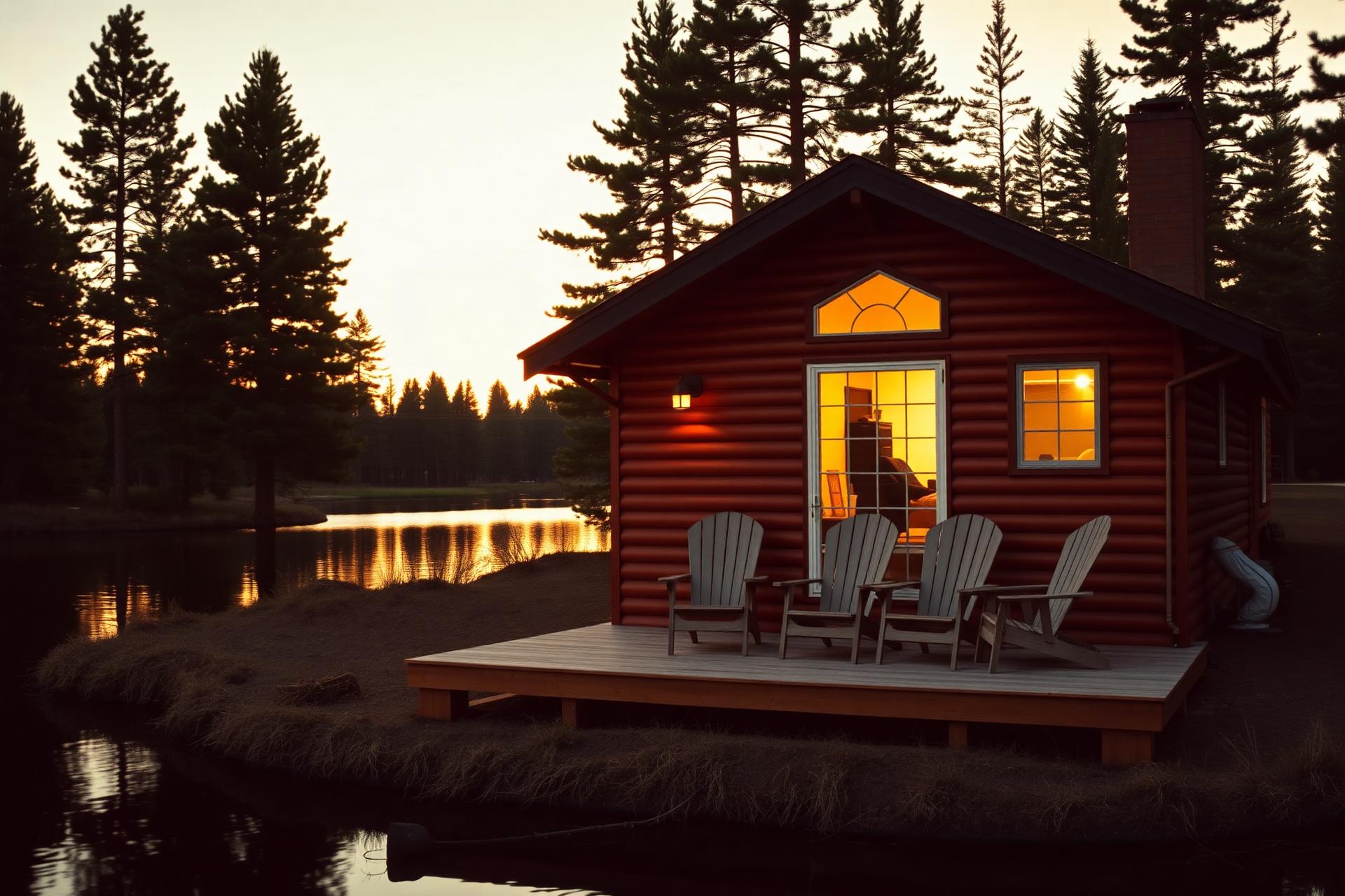Sand Baar cottage glowing at sunset by the lake